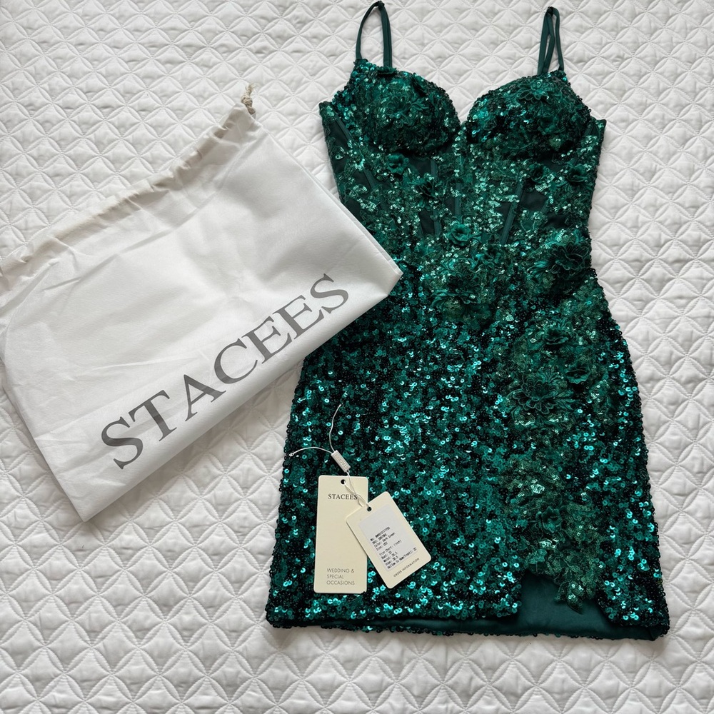 STACEES Dark Green Floral Sheer Corset Sequin Mini Spaghetti Strap Dress Sz 2